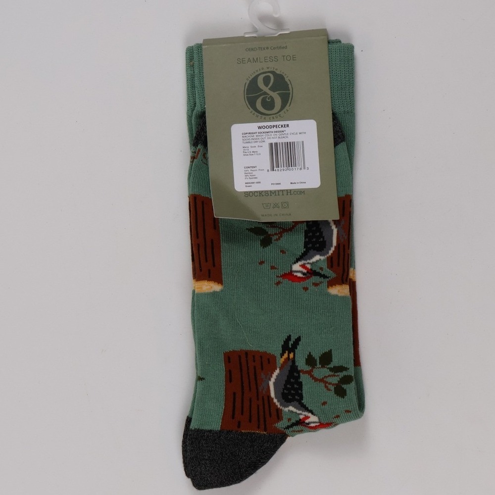 Socksmith Mens Woodpecker Graphic Bamboo Crew Socks Green Novelty OS NWT - Picture 2 of 2
